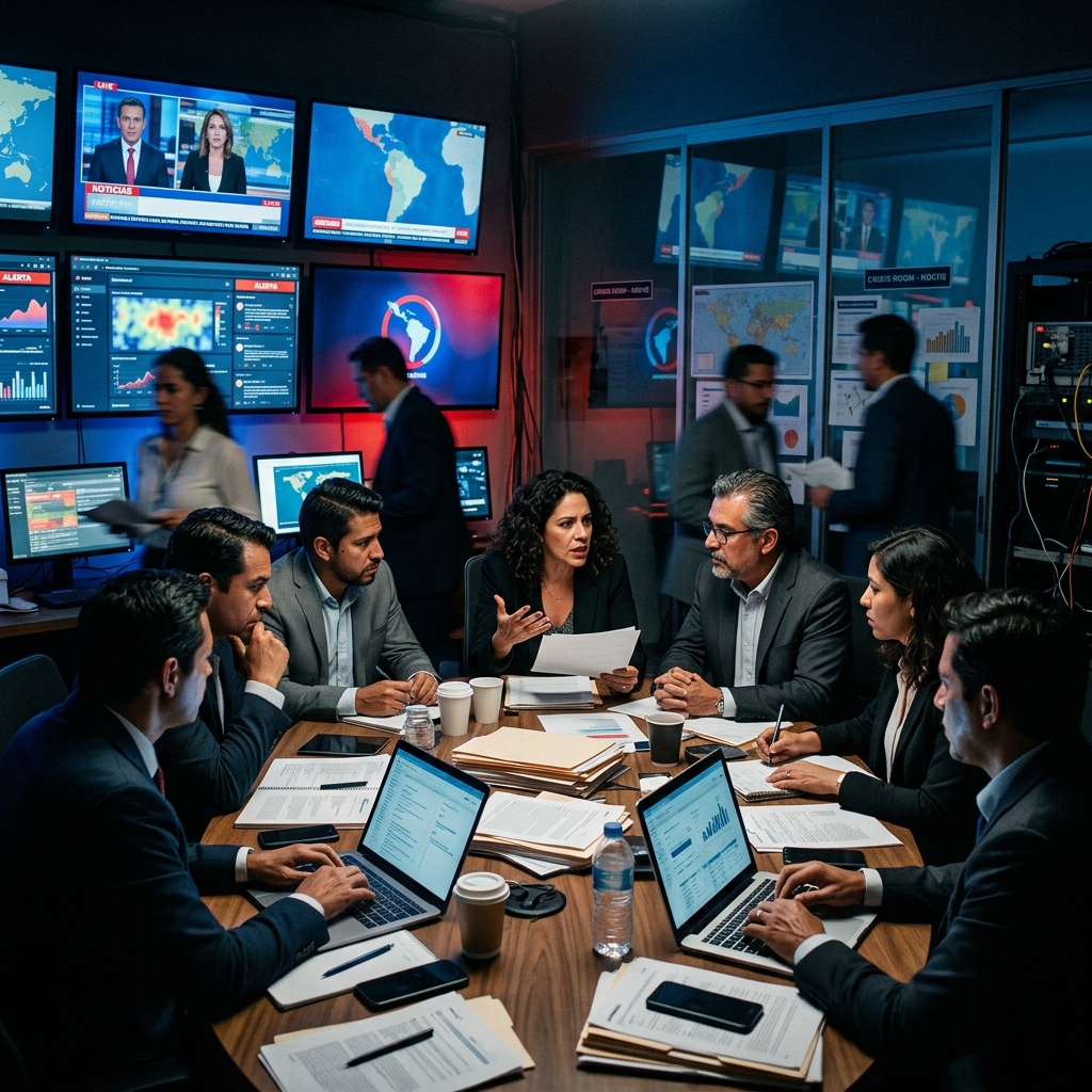 Sala de crisis de campaña política con monitoreo de medios en tiempo real
