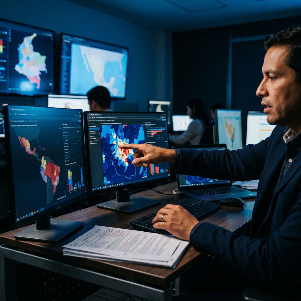 Analista revisando mapas electorales y datos en múltiples pantallas